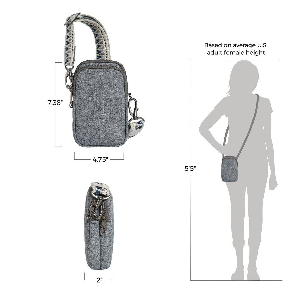Travelon Cross-Body Bag Geo Gray Heather Travelon Anti-Theft Boho 2 Compartment Phone Crossbody - Geo Gray Heather