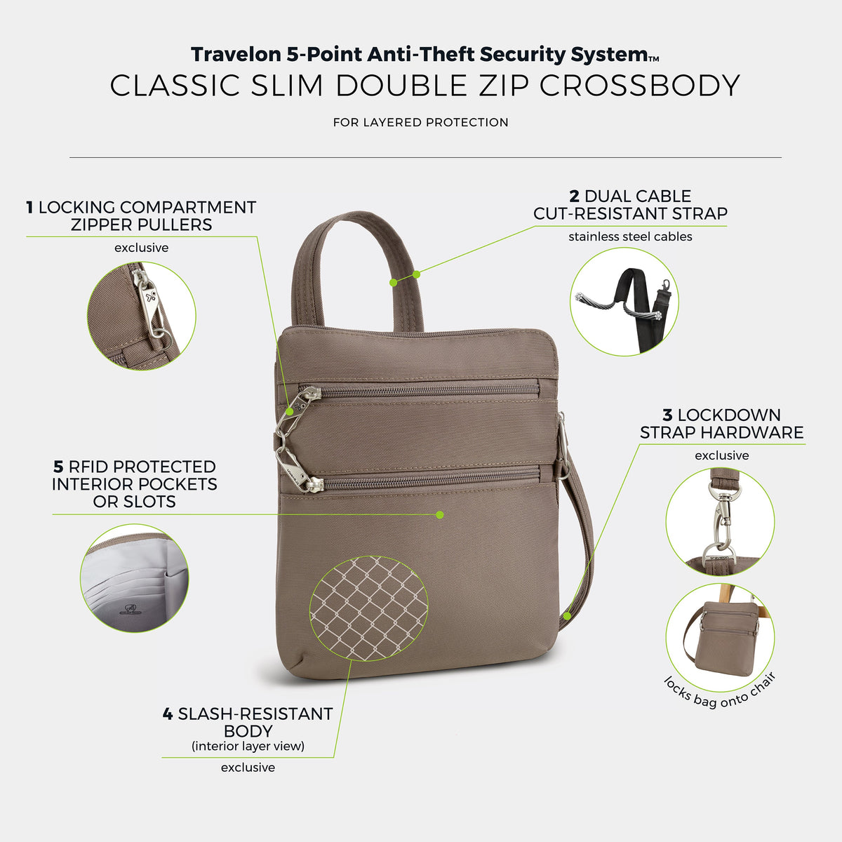 Travelon Cross-Body Bag Travelon Anti-Theft Classic Slim Double Zip Crossbody