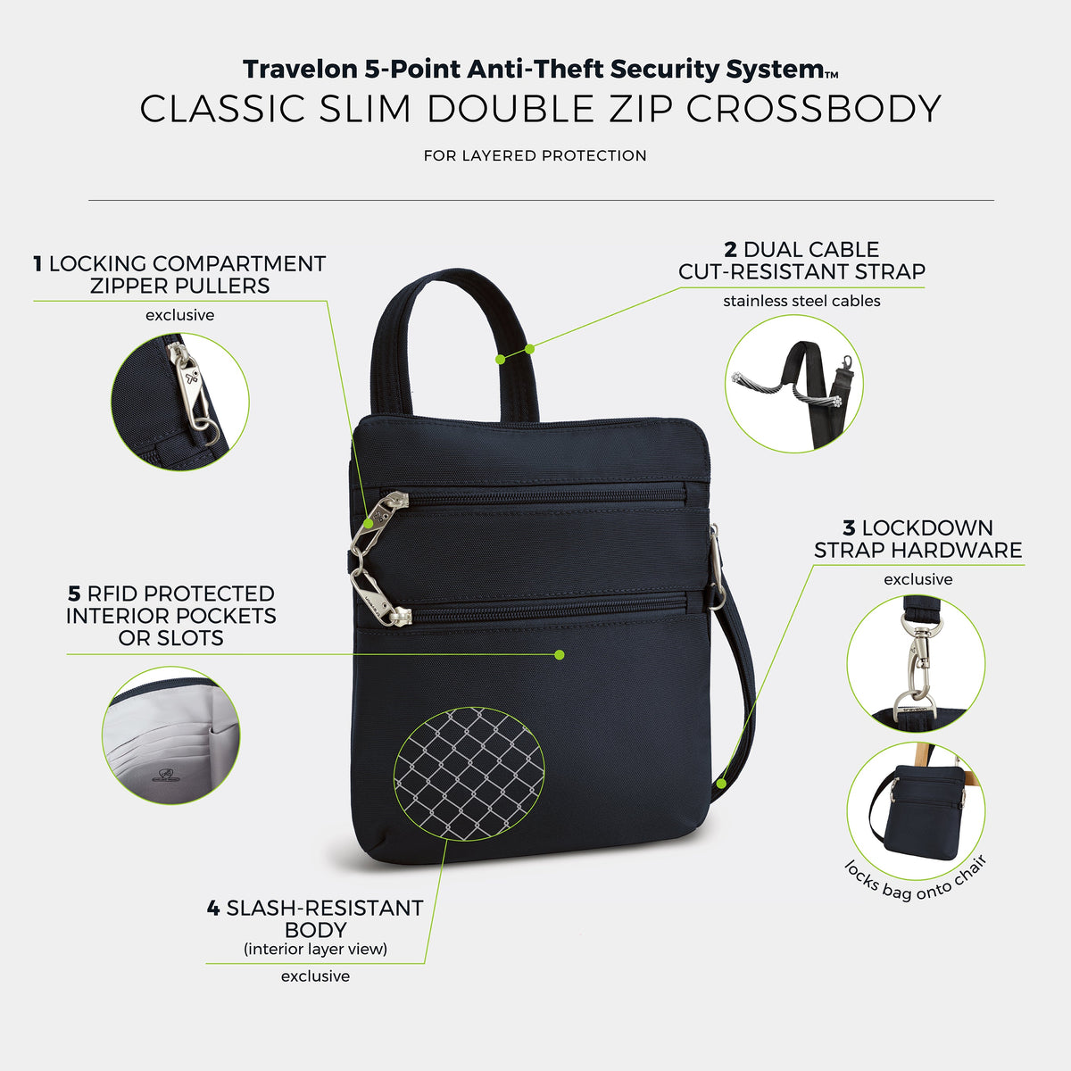 Travelon Cross-Body Bag Travelon Anti-Theft Classic Slim Double Zip Crossbody